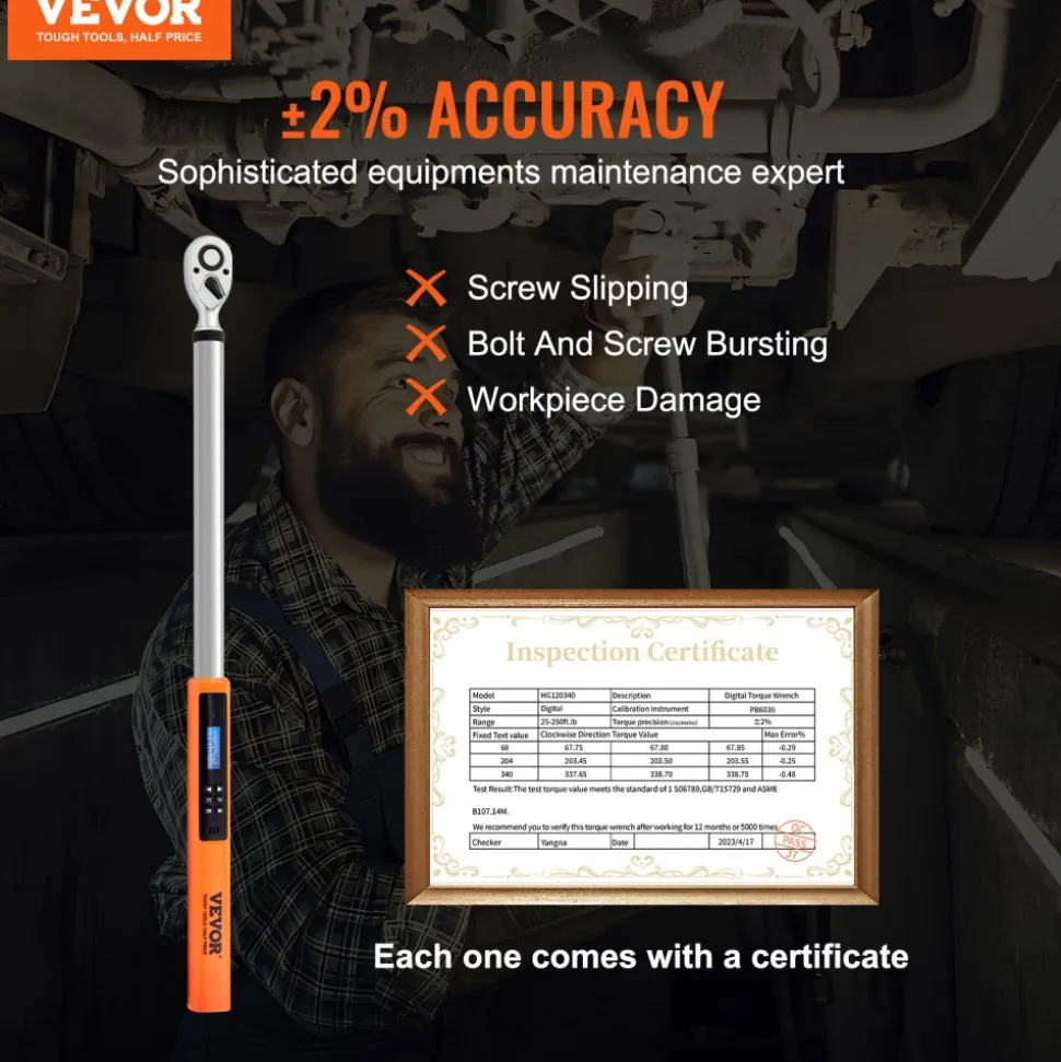 VEVOR Digital Torque Wrench, 1/2" Drive Electronic Torque Wrench, Torque Wrench Kit 25-250ft.lb/34-340n.m Torque Range Accurate to ±2%, 3-Mode Adjustable Torque Wrench Set with LED Buzzer Calibration