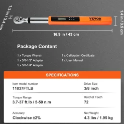 VEVOR Digital Torque Wrench, 3.7-37ft.lb/5-50n.m 3/8