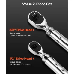 VEVOR Digital Torque Wrench Set, 2 Pieces, 1/2, 3/8 Inch Drive, 72-Tooth, ±2% High Accuracy Electronic Torque Wrench with Preset Value, Buzzer and LED Notification, for Automotive Motorcycle
