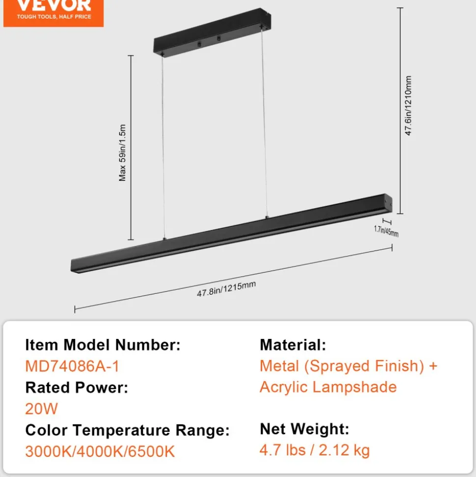 VEVOR Dimmable Linear Pendant Light, 20W, 47 in LED Linear Light Fixture Chandelier with Acrylic Lampshade 3000K / 4000K / 6500K Color Temperature Adjustable Height, for Dining Room Kitchen Island