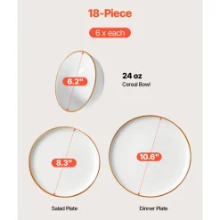 VEVOR Dinnerware Set, Service for 6 (18 PCS), Round Plates and Bowls Sets, Scratch Resistant Ceramic Dinner Ware, Dishwasher and Microwave Suitable Kitchen Dish, for Dessert Salad Soup Pasta, White