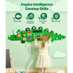VEVOR Dinosaur Activity Wall Busy Board Panels, 11 Activities, Montessori Sensory Wall Toy for Kids 3-12 Years, Montessori Learning Activity Center, Ideal for Toddler Playroom Nursery Classroom