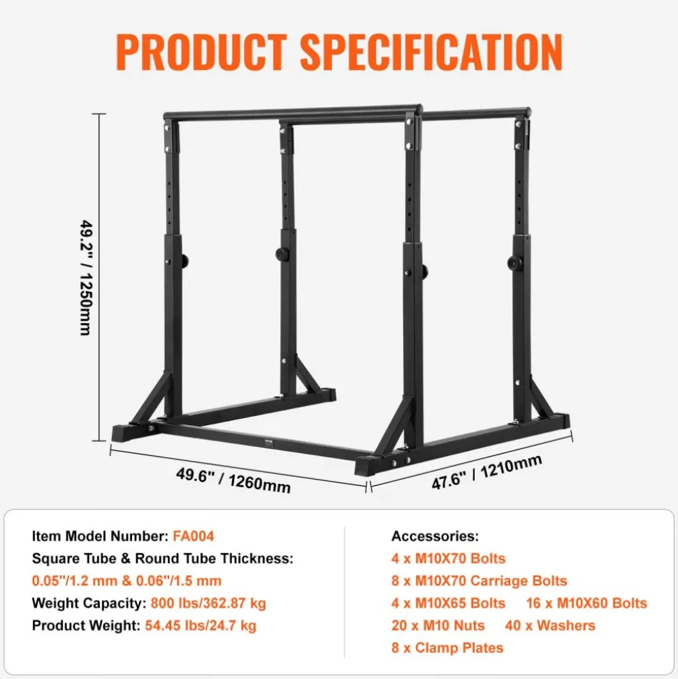 VEVOR Dip Bar, 800 lbs Capacity, Heave Duty Dip Stand Station with Adjustable Height, Fitness Workout Dip Bar Station Stabilizer Parallette Push Up Stand, Parallel Bars for Strength Training Home Gym