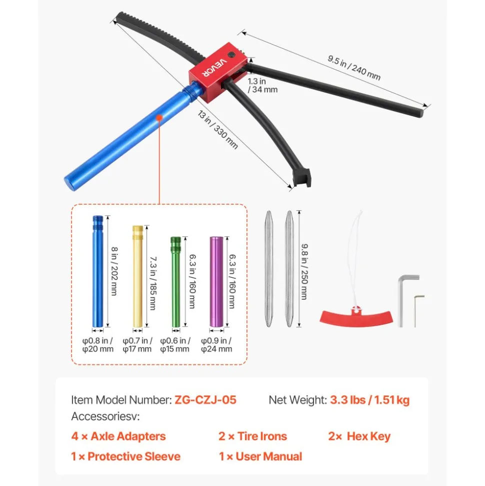 VEVOR Dirt Bike Tire Changing Tool Kit, Fits for Motocross Enduro 16"-21" Wheels, Includes 15-25 mm Axle Adapters, Dirt Bike Tire Changing Tools Compact Changer with 2 Irons and Protective Sleeve