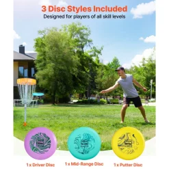 VEVOR Disc Golf Set, 3 Pack Disc Golf Starter Set, Beginners Flying Discs for Full-Body Strength Training, with Putter, Mid-Range, Driver for Outdoor Backyard, Lawn, Beach, and Park