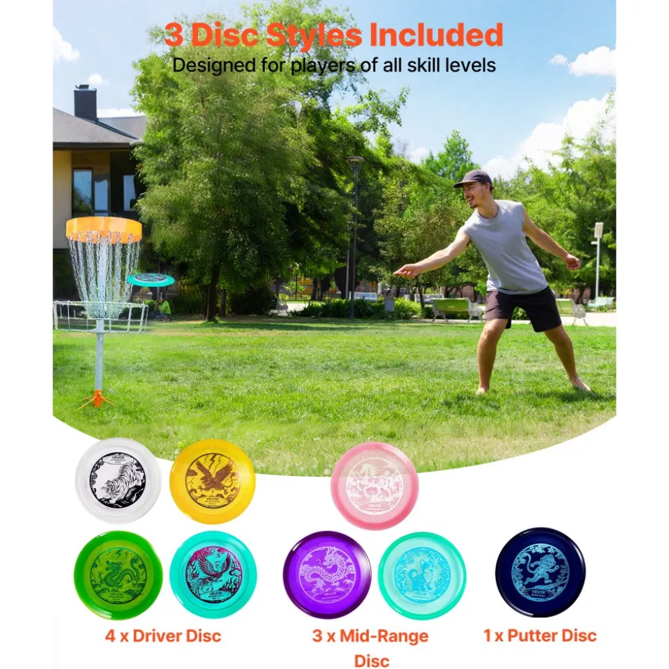VEVOR Disc Golf Set, 8 Pack Disc Golf Starter Set, Beginners Flying Discs for Full-Body Strength Training, with Putter, Mid-Range, Driver, for Outdoor Backyard, Lawn, Beach, and Park