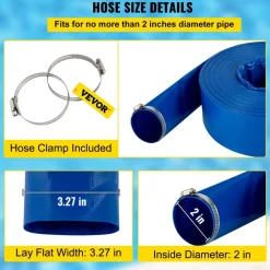 VEVOR Discharge Hose, 2" x 105', PVC Fabric Lay Flat Hose, Heavy Duty Backwash Drain Hose with Clamps, Weather-proof & Burst-proof, Ideal for Swimming Pool & Water Transfer, Blue