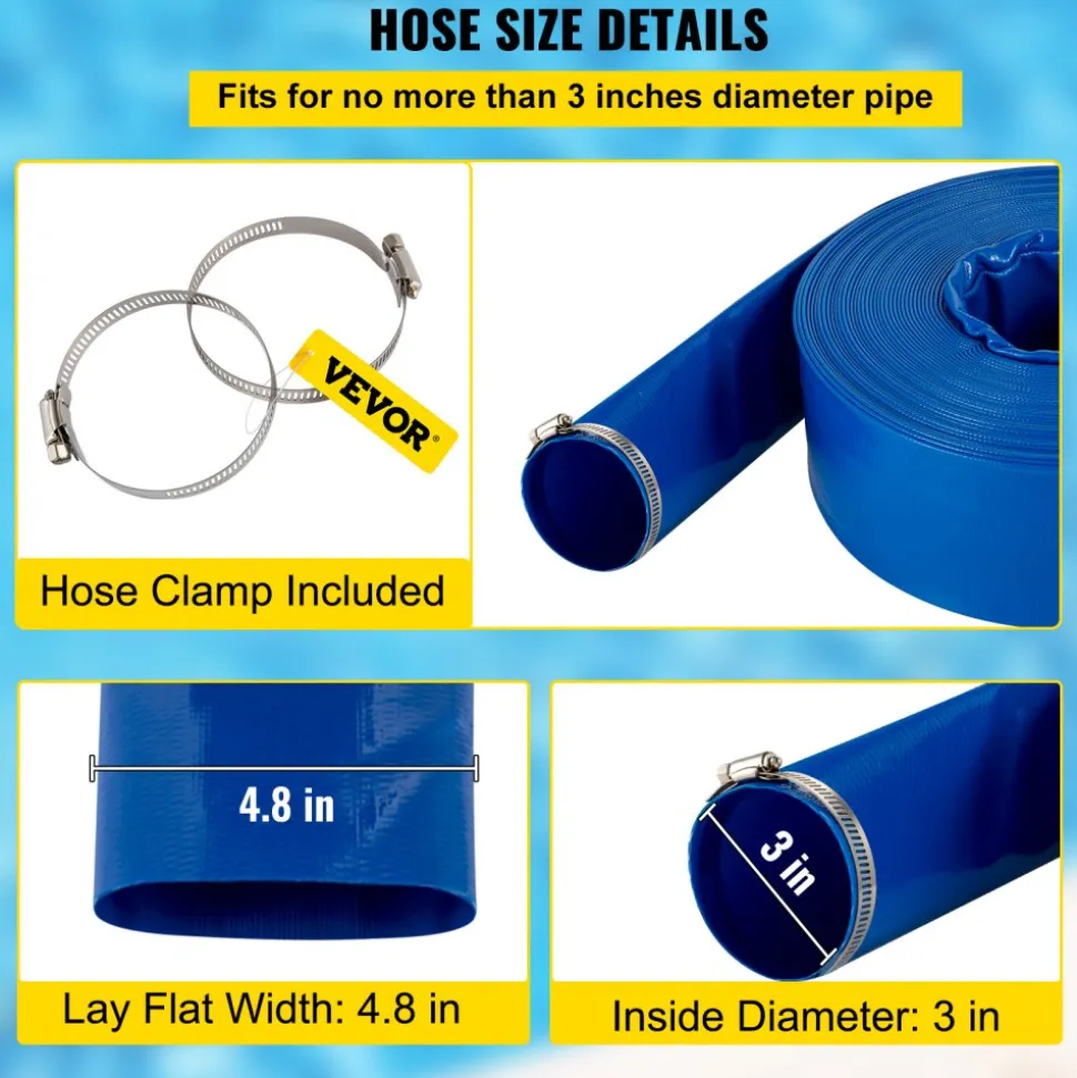VEVOR Discharge Hose, 3" x 105', PVC Lay Flat Hose, Heavy Duty Backwash Drain Hose with Clamps, Weather-proof & Burst-proof, Ideal for Swimming Pool & Water Transfer, Blue