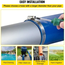 VEVOR Discharge Hose, 4" x 105', PVC Lay Flat Hose, Heavy Duty Backwash Drain Hose with Clamps, Weather-proof & Burst-proof, Ideal for Swimming Pool & Water Transfer, Blue