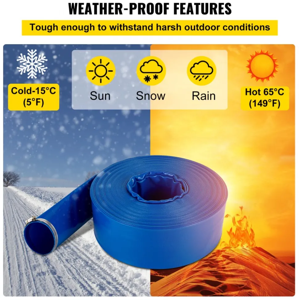 VEVOR Discharge Hose, 4" x 105', PVC Lay Flat Hose, Heavy Duty Backwash Drain Hose with Clamps, Weather-proof & Burst-proof, Ideal for Swimming Pool & Water Transfer, Blue