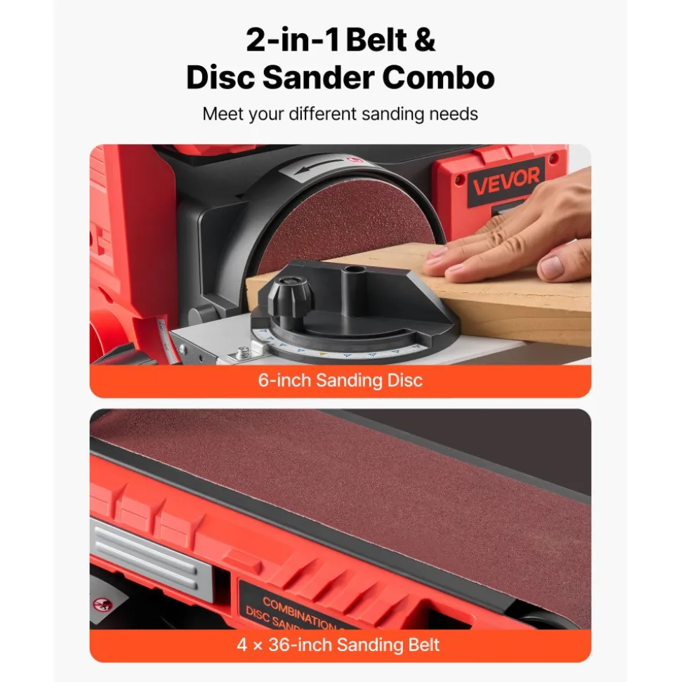 VEVOR 6" Disc Sander & 4" x 36" Belt Sander, 400W Professional Belt Disc Sanders Combo with 0 - 45° Adjustable Worktable & Dust Collection Port for Woodworking, Knife Sharpening, DIY Crafting
