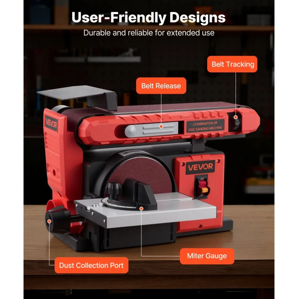 VEVOR 6" Disc Sander & 4" x 36" Belt Sander, 400W Professional Belt Disc Sanders Combo with 0 - 45° Adjustable Worktable & Dust Collection Port for Woodworking, Knife Sharpening, DIY Crafting