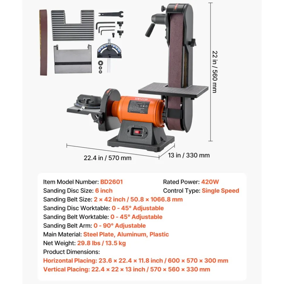 VEVOR 6" Disc Sander & 2" x 42" Belt Sander, 420W Professional Bench Belt Disc Sanders Combo with Multiple Angle Adjustments for DIY Woodworking, Furniture Refinishing, Knife Sharpening