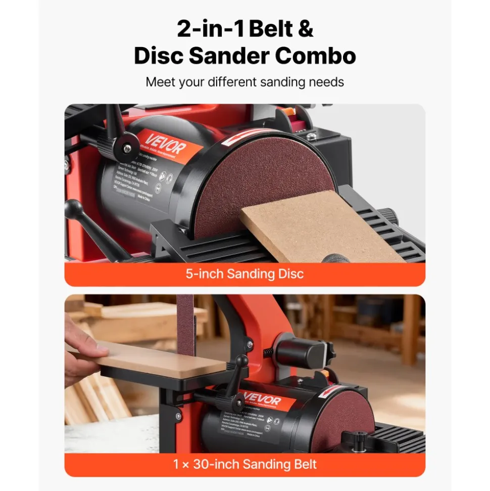 VEVOR 5" Disc Sander & 1" x 30" Belt Sander, 250W Benchtop Belt Disc Sanders Combo with 0 - 45° Adjustable Worktable & Dust Collection Ports for Woodworking, Furniture Refinishing, DIY Crafting