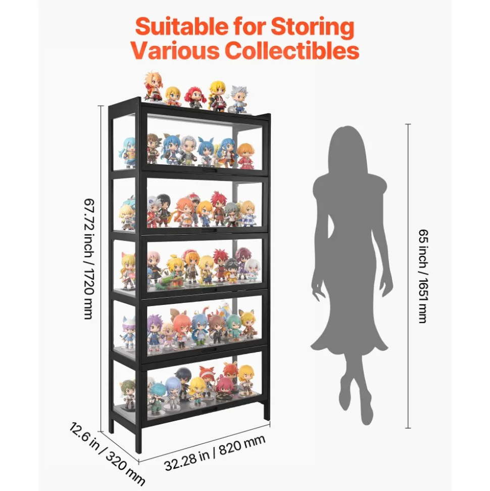 VEVOR Display Cabinet with Acrylic Doors, 68 in Tall 5-Tier Curio Cabinet, Natural Wooden Fame, Collectibles Toy Organizers Rack & Display Case, Bookshelf for Home, Office, Playroom, Living Room