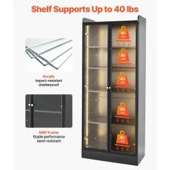 VEVOR Display Cabinet with Doors, 67 in Tall Lighted Display Case with 2 Adjustable Shelves, 5-Tier Curio Collectibles Storage Cabinet, Bookshelf Bookcase for Pantry Bedroom Living Room Office
