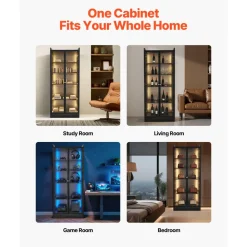 VEVOR Display Cabinet with Doors, 67 in Tall Lighted Display Case with 2 Adjustable Shelves, 5-Tier Curio Collectibles Storage Cabinet, Bookshelf Bookcase for Pantry Bedroom Living Room Office