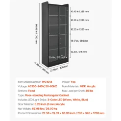VEVOR Display Cabinet with Doors, 67 in Tall Lighted Display Case with 2 Adjustable Shelves, 5-Tier Curio Collectibles Storage Cabinet, Bookshelf Bookcase for Pantry Bedroom Living Room Office