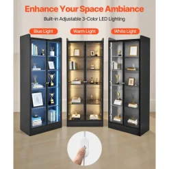 VEVOR Display Cabinet with Doors, 67 in Tall Lighted Display Case with 2 Adjustable Shelves, 5-Tier Curio Collectibles Storage Cabinet, Bookshelf Bookcase for Pantry Bedroom Living Room Office