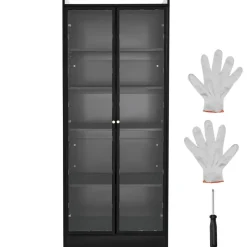 VEVOR Display Cabinet with Doors, 67 in Tall Lighted Display Case with 2 Adjustable Shelves, 5-Tier Curio Collectibles Storage Cabinet, Bookshelf Bookcase for Pantry Bedroom Living Room Office