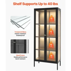 VEVOR Display Cabinet with Glass Door, 66 in Tall 4-Tier Lighted Display Case with 3 Color Lights, Metal Storage Cabinet  with 3 Adjustable Shelves, Curio Cabinet for Collectibles Figures Trophy