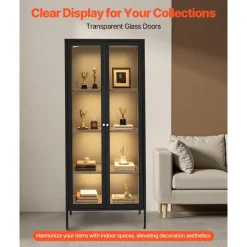 VEVOR Display Cabinet with Glass Door, 66 in Tall 4-Tier Lighted Display Case with 3 Color Lights, Metal Storage Cabinet  with 3 Adjustable Shelves, Curio Cabinet for Collectibles Figures Trophy