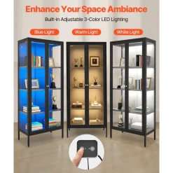 VEVOR Display Cabinet with Glass Door, 66 in Tall 4-Tier Lighted Display Case with 3 Color Lights, Metal Storage Cabinet  with 3 Adjustable Shelves, Curio Cabinet for Collectibles Figures Trophy