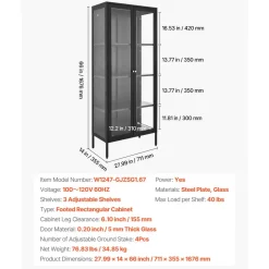 VEVOR Display Cabinet with Glass Door, 66 in Tall 4-Tier Lighted Display Case with 3 Color Lights, Metal Storage Cabinet  with 3 Adjustable Shelves, Curio Cabinet for Collectibles Figures Trophy