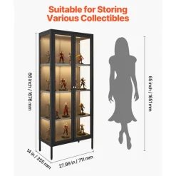 VEVOR Display Cabinet with Glass Door, 66 in Tall 4-Tier Lighted Display Case with 3 Color Lights, Metal Storage Cabinet  with 3 Adjustable Shelves, Curio Cabinet for Collectibles Figures Trophy