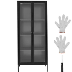 VEVOR Display Cabinet with Glass Door, 66 in Tall 4-Tier Lighted Display Case with 3 Color Lights, Metal Storage Cabinet  with 3 Adjustable Shelves, Curio Cabinet for Collectibles Figures Trophy