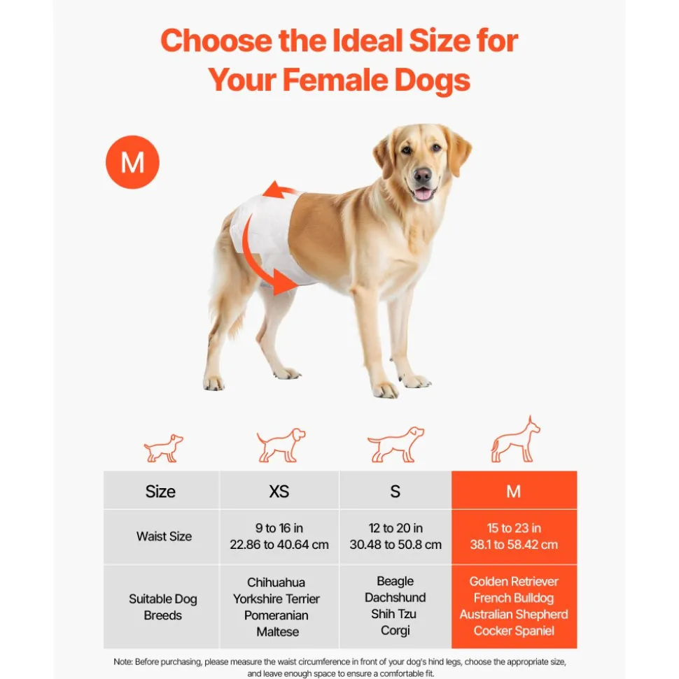 VEVOR Disposable Dog Diapers, Super Absorbent Female Dog Diapers, 360° Leak-Proof Female Doggy Pet Diaper with Wetness Indicator for Heat Period, Training, Incontinence - M, 144 Count (2 Packs of 72)