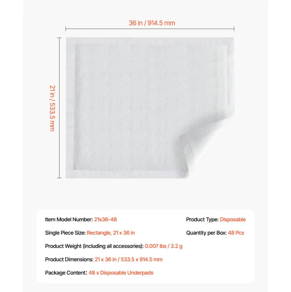 VEVOR Disposable Underpads, 21" x 36" Incontinence Bed Pads, Super Absorbent Chux Pads with 5-Layer Protection for Bed Sofa and Mattress, Protective Bedwetting Pad for Pet Adult Kid Elderly (48-Pack)