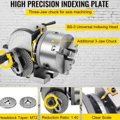 VEVOR Dividing Head BS-0 5Inch 3 Jaw Chuck Dividing Head Set Precision Semi Universal Dividing Head for Milling Machine Rotary Table Tailstock Milling Set (5 Inch Chuck)