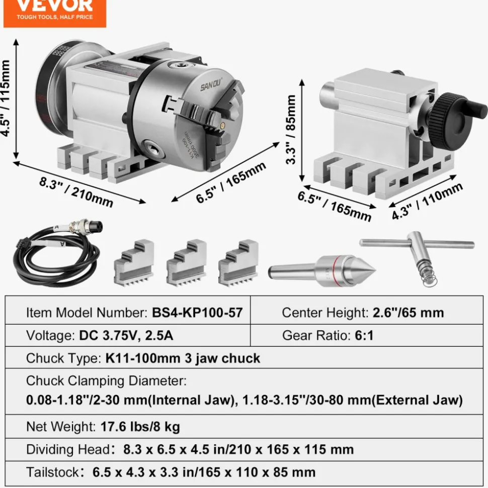 VEVOR Dividing Head, K11-100mm 3-Jaw Chuck, CNC Router Milling Machine Rotational Axis 4th Axis A Axis Indexing Head, 2.6"/65 mm Center Height MT2 Tailstock 6:1 Gear Ratio, Universal for Engraving