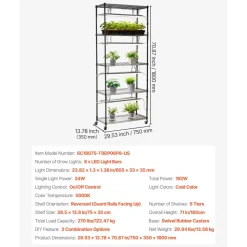 VEVOR DIY Plant Shelf with Grow Lights, 71 in Tall Indoor Plant Stand with Wheels, 192W 5000K Full Spectrum Grow Lights, Heavy Duty Metal Plants Display Rack, Flower Pot Holder for Seed Starting