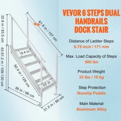 VEVOR Dock Ladder, 43''-51'' Adjustable Height, 500 lbs Load Capacity, Aluminum Alloy 6 Steps Pontoon Boat Ladder with Dual Handrails & Nonslip Mat, Ideal for Ship/Lake/Pool/Marine Boarding