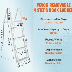 VEVOR Dock Ladder, Removable 4 Steps, 350 lbs Load Capacity, Aluminum Alloy Pontoon Boat Ladder with 4'' Wide Step & Nonslip Mat, Easy to Install for Ship/Lake/Pool/Marine Boarding