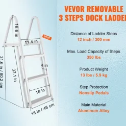 VEVOR Dock Ladder, Removable 3 Steps, 350 lbs Load Capacity, Aluminum Alloy Pontoon Boat Ladder with 4'' Wide Step & Nonslip Mat, Easy to Install for Ship/Lake/Pool/Marine Boarding
