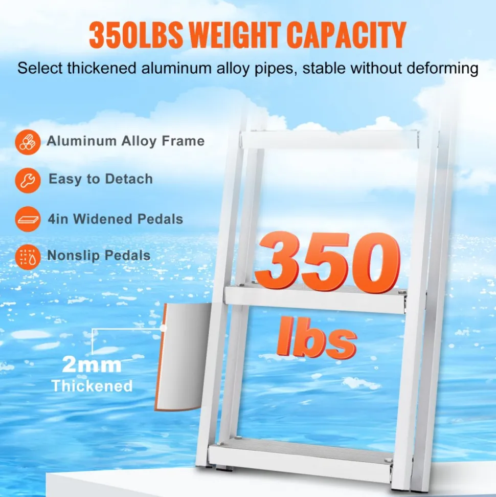 VEVOR Dock Ladder, Removable 3 Steps, 350 lbs Load Capacity, Aluminum Alloy Pontoon Boat Ladder with 4'' Wide Step & Nonslip Mat, Easy to Install for Ship/Lake/Pool/Marine Boarding