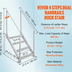 VEVOR Dock Ladder 4 Step, Dock Stairs 30''-38'' Adjustable Height, 500 lbs Load Capacity, Aluminum Pontoon Boat Ladder with Dual Handrails & Nonslip Mat for Ship/Lake/Pool/Marine Boarding