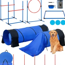 VEVOR Dog Agility Training Equipment, 7 PCS Set Upgrade w/ Adjustable High Hurdles,6 Weave Poles,2 Tunnels,Jump Ring,Pause Box,Whistle,Foldable Bowl,Puppy Obstacle Course Kit w/ 3 Bags