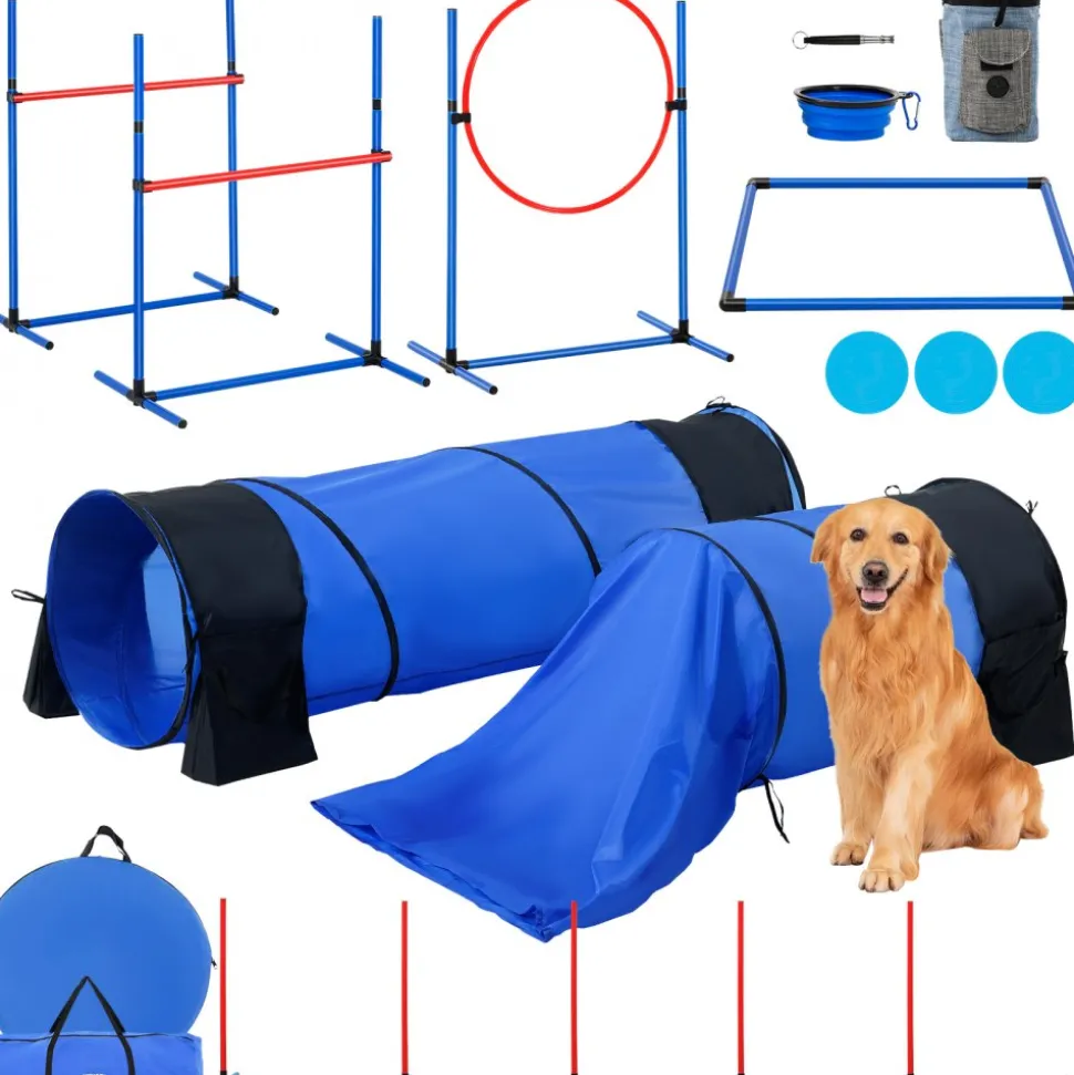 VEVOR Dog Agility Training Equipment, 7 PCS Set Upgrade w/ Adjustable High Hurdles,6 Weave Poles,2 Tunnels,Jump Ring,Pause Box,Whistle,Foldable Bowl,Puppy Obstacle Course Kit w/ 3 Bags