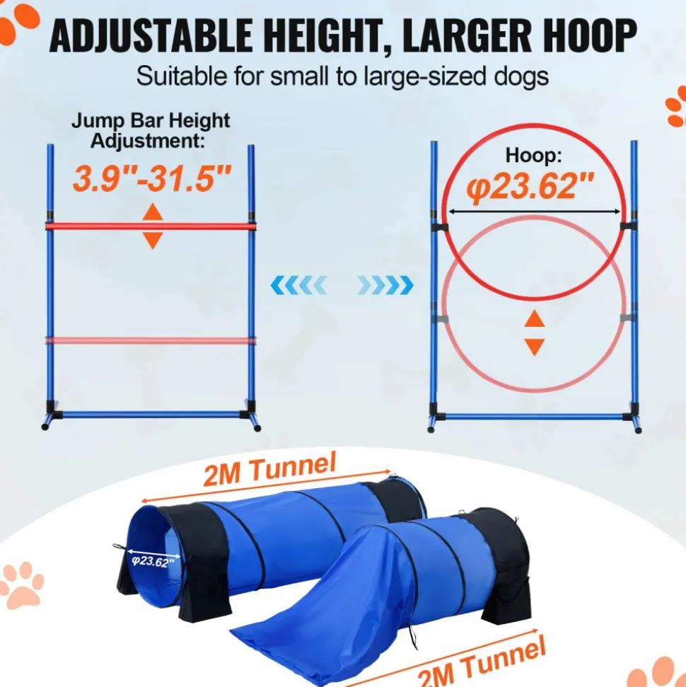 VEVOR Dog Agility Training Equipment, 7 PCS Set Upgrade w/ Adjustable High Hurdles,6 Weave Poles,2 Tunnels,Jump Ring,Pause Box,Whistle,Foldable Bowl,Puppy Obstacle Course Kit w/ 3 Bags