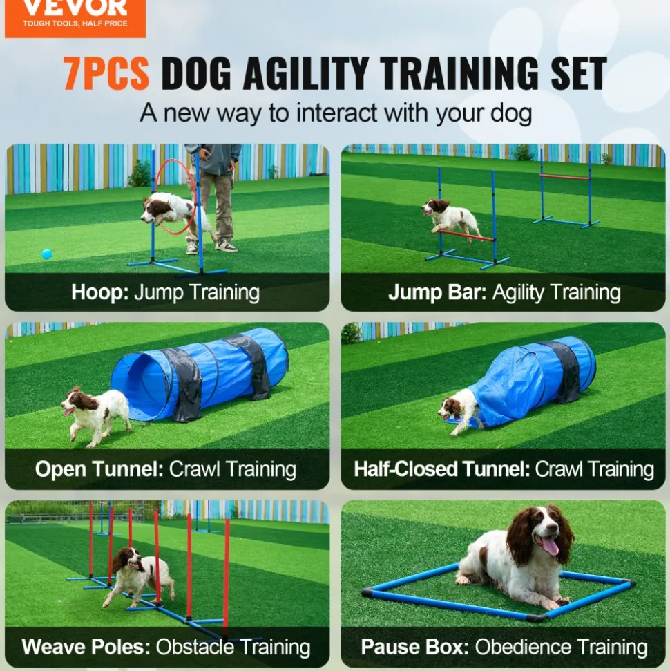 VEVOR Dog Agility Training Equipment, 7 PCS Set Upgrade w/ Adjustable High Hurdles,6 Weave Poles,2 Tunnels,Jump Ring,Pause Box,Whistle,Foldable Bowl,Puppy Obstacle Course Kit w/ 3 Bags