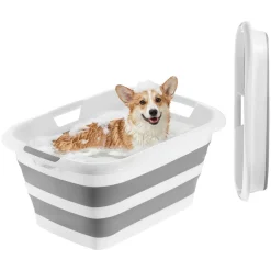 VEVOR Dog Bathtub, Collapsible Dog Bath Tub, Pet Bathing Grooming Wash Shower Station, Portable Space-saving & Stable Support, Built-In Drainage Hole for Small Pet Puppy Doggie Cat Outdoor, Gray White