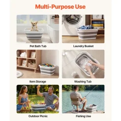 VEVOR Dog Bathtub, Collapsible Dog Bath Tub, Pet Bathing Grooming Wash Shower Station, Portable Space-saving & Stable Support, Built-In Drainage Hole for Small Pet Puppy Doggie Cat Outdoor, Gray White