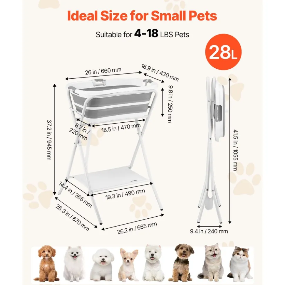 VEVOR Dog Bathtub, Elevated Dog Bath Tub, 2 in 1 Collapsible Pet Bathing Grooming Wash Station, Portable Foldable Space-saving, Built-in Drain Outlet with Drain Hose for Small Pet Cat, Gray & White