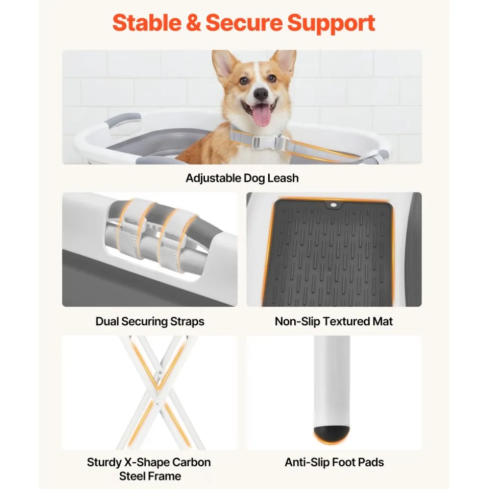 VEVOR Dog Bathtub, Elevated Dog Bath Tub, 2 in 1 Collapsible Pet Bathing Grooming Wash Station, Portable Foldable Space-saving, Built-in Drain Outlet with Drain Hose for Small Pet Cat, Gray & White