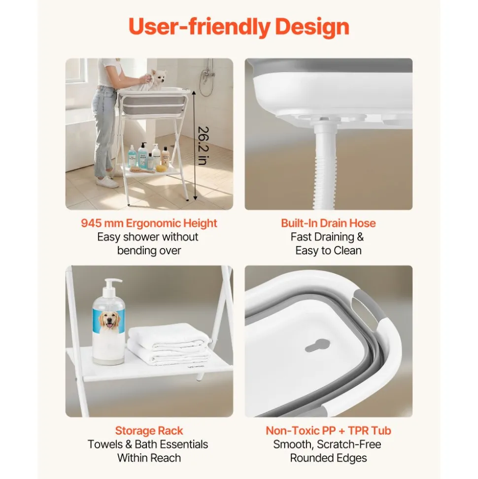 VEVOR Dog Bathtub, Elevated Dog Bath Tub, 2 in 1 Collapsible Pet Bathing Grooming Wash Station, Portable Foldable Space-saving, Built-in Drain Outlet with Drain Hose for Small Pet Cat, Gray & White