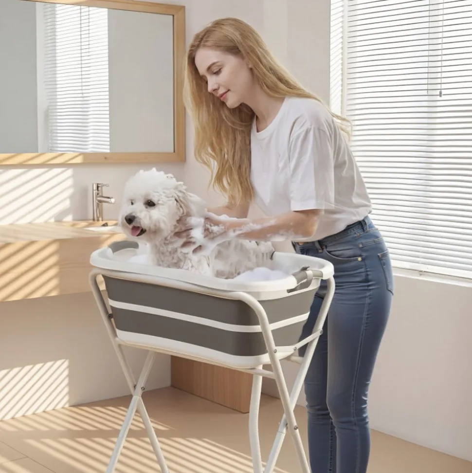 VEVOR Dog Bathtub, Elevated Dog Bath Tub, 2 in 1 Collapsible Pet Bathing Grooming Wash Station, Portable Foldable Space-saving, Built-in Drain Outlet with Drain Hose for Small Pet Cat, Gray & White